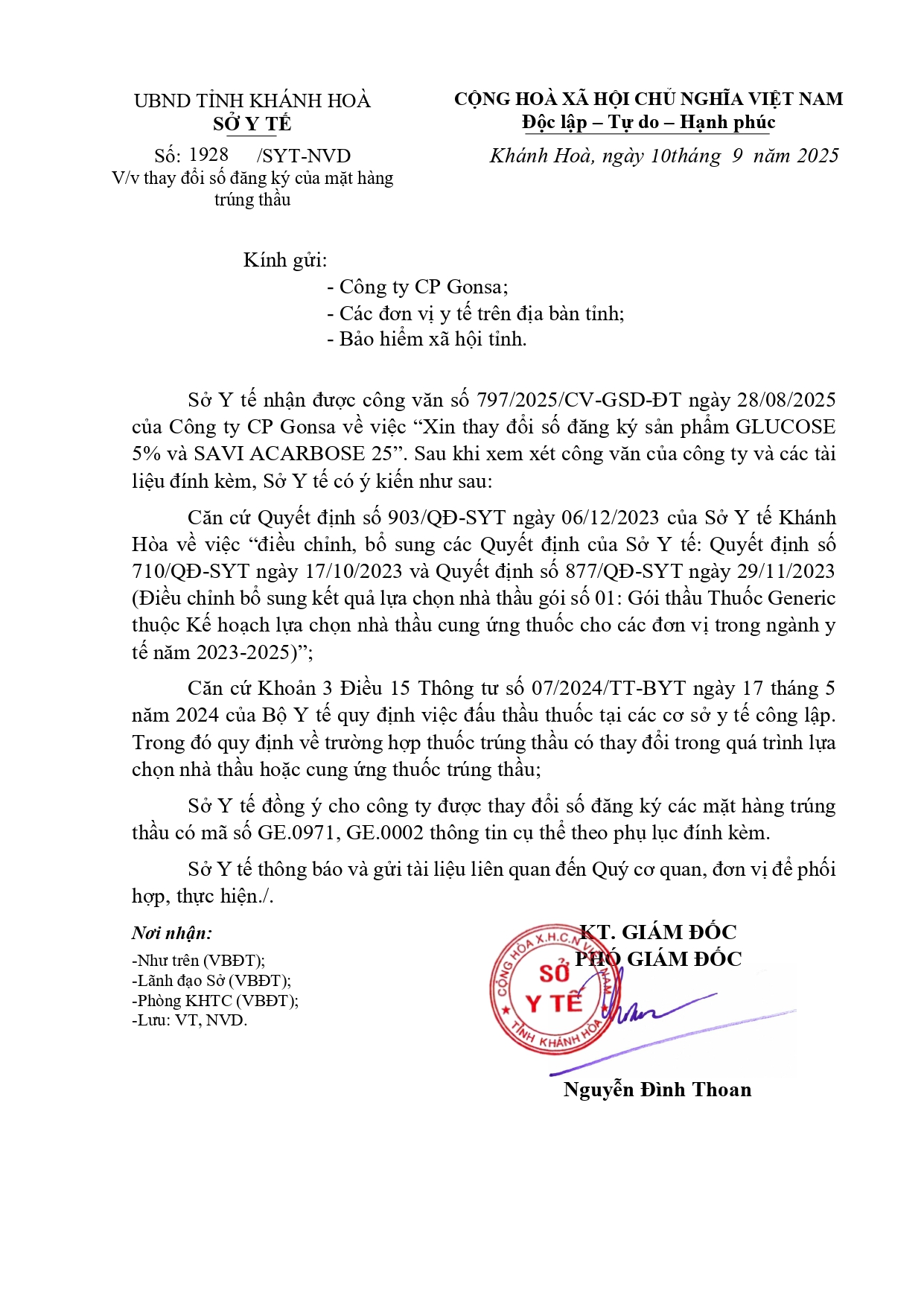 V/v thay đổi số đăng ký của mặt hàng trúng thầu